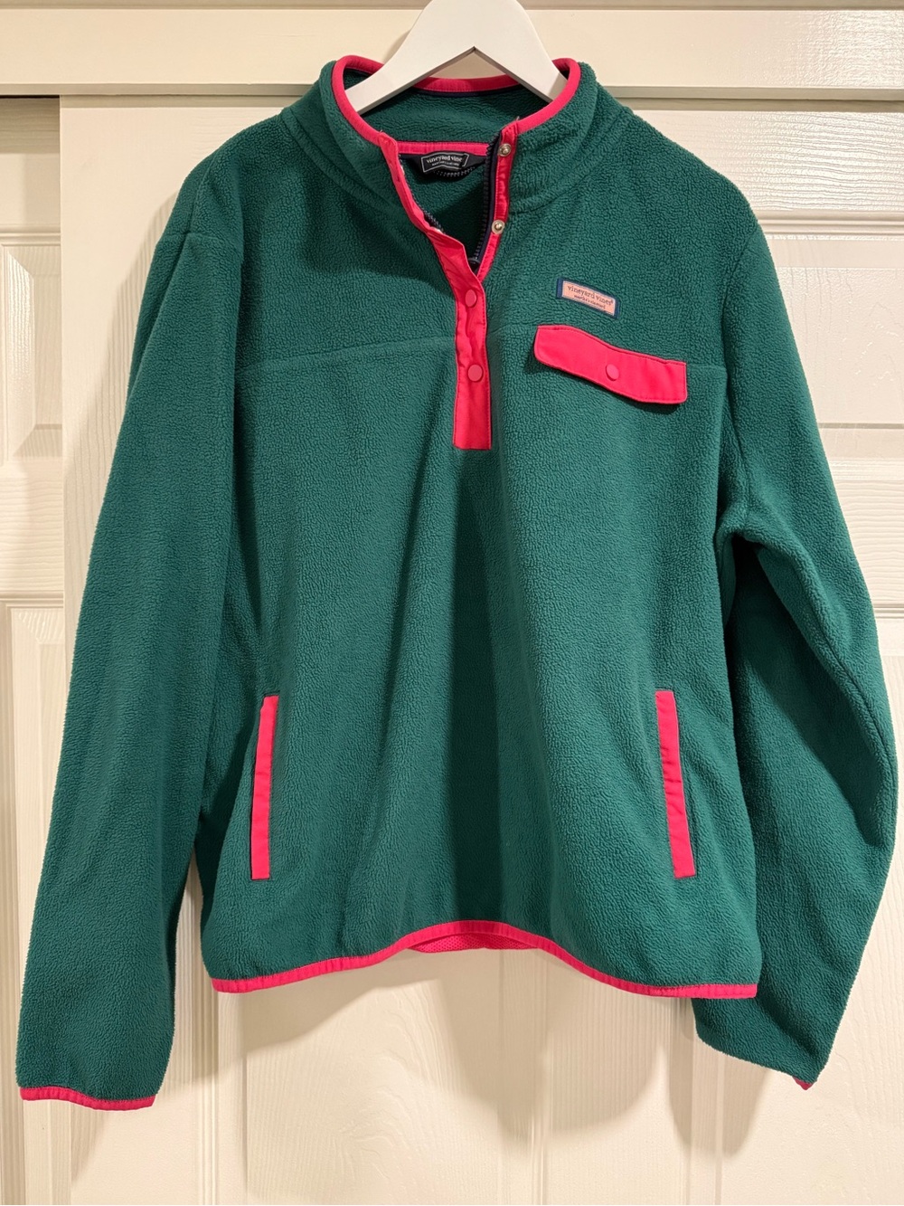 Vineyard Vines Green Fleece Pullover Jacket with Pink Trim & Kangaroo Pocket